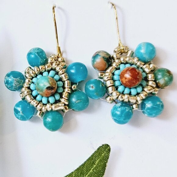2/$27 | Turquoise Mini Shield Beaded Indigenous Hoop Earrings | Handmade - Picture 1 of 5